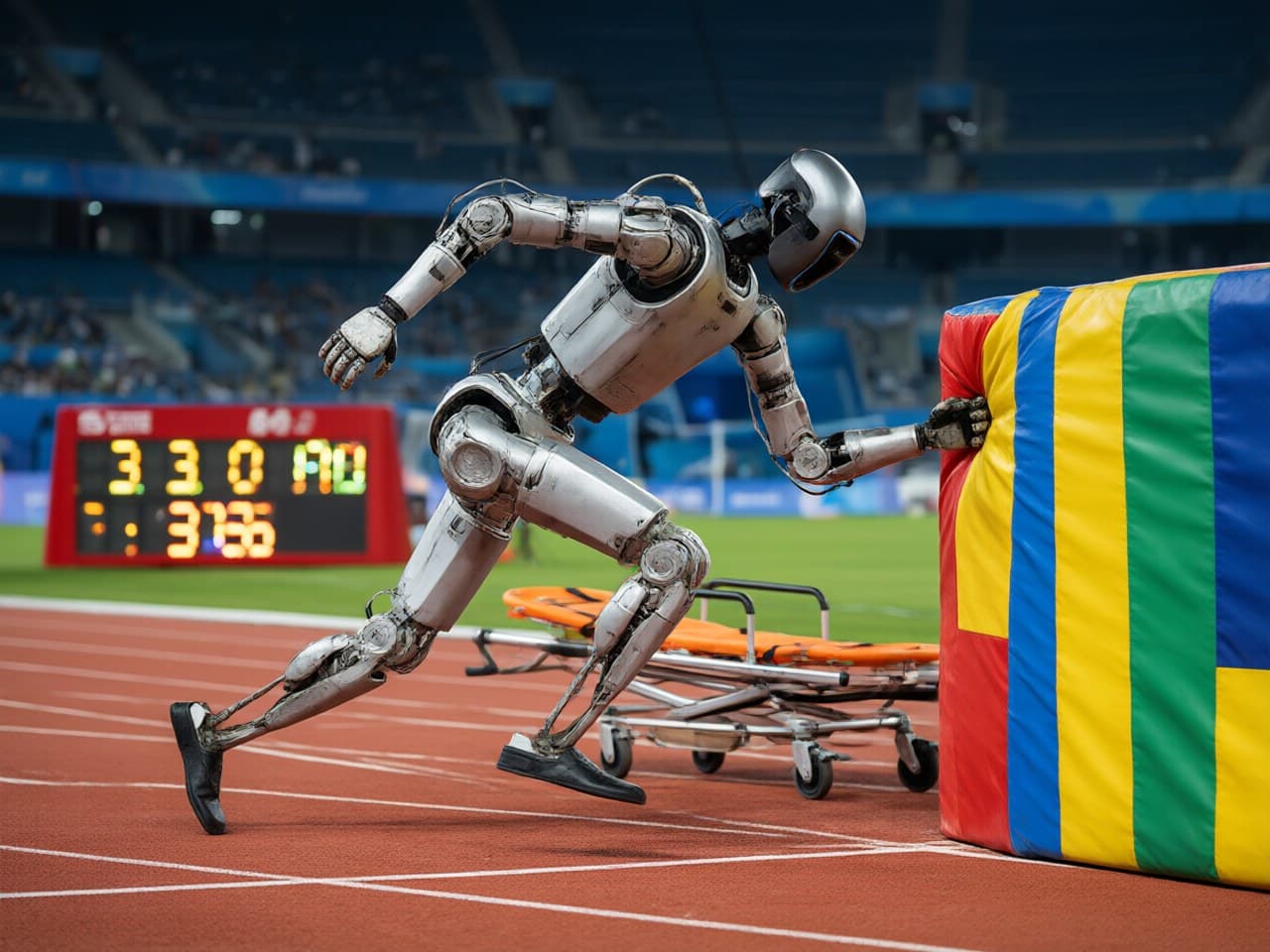 At China's robot Olympics, the finish line comes with a padded wall and a stretcher / 中国机器人奥运会：终点线后是防撞软垫墙与担架